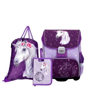   Unikornis iskolatáska szett elsősöknek ABC123 3 részes lovas lila